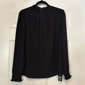 Fayenne Pleated Mock Neck LS Top M Black NWT Dressy Ruffle Sleeve Feminine